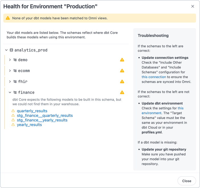 dbt environment health dialog